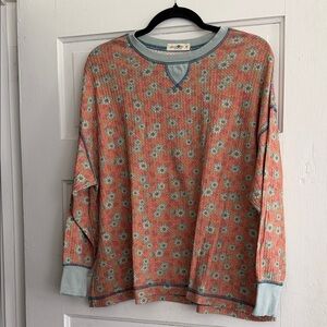 NATURAL LIFE Mint Crewneck with Coral Floral Accents